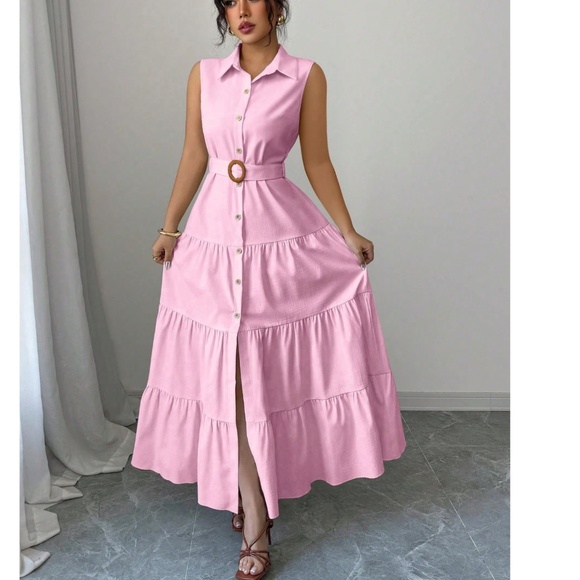 Solid Button Down Belted High Waisted Sleeveless Maxi Dress - Picture 6 of 8